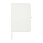 Caderno de papel reciclado com capa dura, folhas A5 pautadas cor branco segunda vista frontal