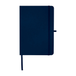 Caderno de papel reciclado com capa dura, folhas A5 pautadas cor azul-marinho segunda vista frontal