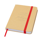 Caderno de capa dura de papel reciclado com fita, folhas A6 lisas cor vermelho vista detalhe com logo
