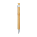 Caneta de bambu e plástico reciclado com clipe, tinta preta cor branco vista lateral
