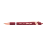 Caneta de alumínio reciclado com acabamento em ouro rosa, tinta preta cor bordeaux terceira vista frontal