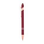 Caneta de alumínio reciclado com acabamento em ouro rosa, tinta preta cor bordeaux vista lateral