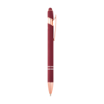 Caneta de alumínio reciclado com acabamento em ouro rosa, tinta preta cor bordeaux segunda vista com lateral