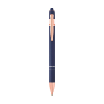 Caneta de alumínio reciclado com acabamento em ouro rosa, tinta preta cor azul-marinho