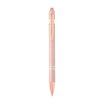 Caneta de alumínio reciclado com acabamento em ouro rosa, tinta preta cor rosa pastel