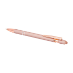 Caneta de alumínio reciclado com acabamento em ouro rosa, tinta preta cor rosa pastel segunda vista