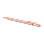 Caneta de alumínio reciclado com acabamento em ouro rosa, tinta preta cor rosa pastel quarta vista