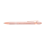 Caneta de alumínio reciclado com acabamento em ouro rosa, tinta preta cor rosa pastel terceira vista frontal