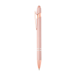 Caneta de alumínio reciclado com acabamento em ouro rosa, tinta preta cor rosa pastel vista lateral