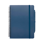 Caderno de capa dura de plástico reciclado, folhas A5 pautadas cor azul-marinho segunda vista frontal