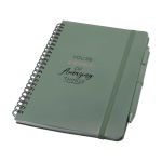 Caderno de capa dura de plástico reciclado, folhas A5 pautadas cor verde pastel vista impressão tampografia