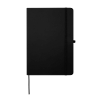 Caderno com bordas arredondadas e capa macia, folhas A5 pautadas cor preto segunda vista frontal