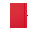 Caderno com bordas arredondadas e capa macia, folhas A5 pautadas cor vermelho segunda vista frontal