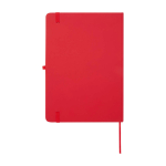 Caderno com bordas arredondadas e capa macia, folhas A5 pautadas cor vermelho segunda vista traseira