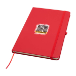 Caderno com bordas arredondadas e capa macia, folhas A5 pautadas cor vermelho vista impressão tampografia