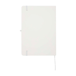 Caderno com bordas arredondadas e capa macia, folhas A5 pautadas cor branco segunda vista traseira