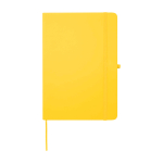 Caderno com bordas arredondadas e capa macia, folhas A5 pautadas cor amarelo segunda vista frontal