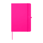 Caderno com bordas arredondadas e capa macia, folhas A5 pautadas cor cor-de-rosa segunda vista frontal