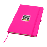 Caderno com bordas arredondadas e capa macia, folhas A5 pautadas cor cor-de-rosa vista impressão tampografia