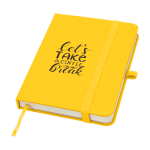 Caderno de capa dura, revestimento de toque macio, folhas A6 pautadas cor amarelo vista impressão tampografia