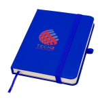 Caderno de capa dura, revestimento de toque macio, folhas A6 pautadas cor azul real vista impressão tampografia