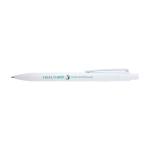 Caneta sofisticada de plástico reciclado bicolor, tinta azul cor branco vista impressão tampografia