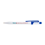 Caneta sofisticada de plástico reciclado bicolor, tinta azul cor azul real vista impressão tampografia