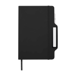 Caderno com capa dura com orifício para telemóvel, folhas A5 pautadas cor preto segunda vista frontal