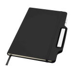 Caderno com capa dura com orifício para telemóvel, folhas A5 pautadas cor preto