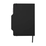 Caderno com capa dura com orifício para telemóvel, folhas A5 pautadas cor preto segunda vista traseira