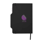 Caderno com capa dura com orifício para telemóvel, folhas A5 pautadas cor preto vista impressão tampografia
