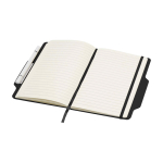 Caderno com capa dura com orifício para telemóvel, folhas A5 pautadas cor preto segunda vista