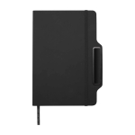 Caderno com capa dura com orifício para telemóvel, folhas A5 pautadas cor preto quarta vista