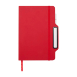 Caderno com capa dura com orifício para telemóvel, folhas A5 pautadas cor vermelho segunda vista frontal