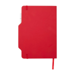 Caderno com capa dura com orifício para telemóvel, folhas A5 pautadas cor vermelho segunda vista traseira