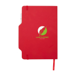 Caderno com capa dura com orifício para telemóvel, folhas A5 pautadas cor vermelho vista impressão tampografia