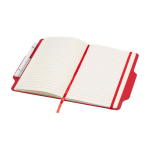 Caderno com capa dura com orifício para telemóvel, folhas A5 pautadas cor vermelho segunda vista