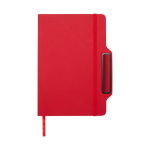 Caderno com capa dura com orifício para telemóvel, folhas A5 pautadas cor vermelho quarta vista