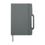 Caderno com capa dura com orifício para telemóvel, folhas A5 pautadas cor cinzento segunda vista frontal