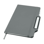 Caderno com capa dura com orifício para telemóvel, folhas A5 pautadas cor cinzento
