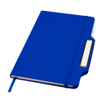 Caderno com capa dura com orifício para telemóvel, folhas A5 pautadas cor azul real