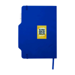 Caderno com capa dura com orifício para telemóvel, folhas A5 pautadas cor azul real vista impressão tampografia
