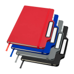 Caderno com capa dura com orifício para telemóvel, folhas A5 pautadas cor azul real segunda vista várias cores