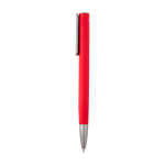 Caneta de alumínio reciclado com clipe prateado, tinta azul cor vermelho vista lateral