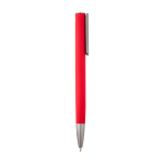 Caneta de alumínio reciclado com clipe prateado, tinta azul cor vermelho segunda vista com lateral