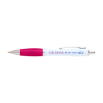 Caneta de plástico reciclado curva com pega, tinta preta cor cor-de-rosa