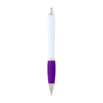 Caneta de plástico reciclado curva com pega, tinta preta cor roxo segunda vista traseira