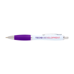 Caneta de plástico reciclado curva com pega, tinta preta cor roxo