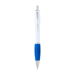 Caneta de plástico reciclado curva com pega, tinta preta cor azul pastel