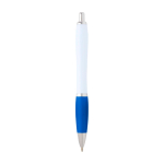 Caneta de plástico reciclado curva com pega, tinta preta cor azul pastel segunda vista traseira